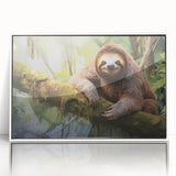 Framed wall art featuring a sloth design from the "Animals: A Wild Life" collection, showcasing vibrant colors and a modern white frame, perfect for nature-themed decor.