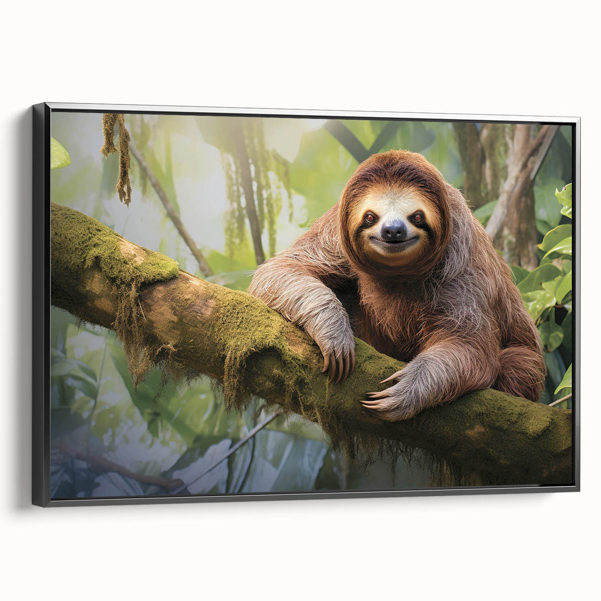 Framed canvas wall art featuring a sloth design, showcasing vibrant colors and intricate details, displayed against a sleek black frame for a modern aesthetic. Perfect for animal lovers and home decor enthusiasts.