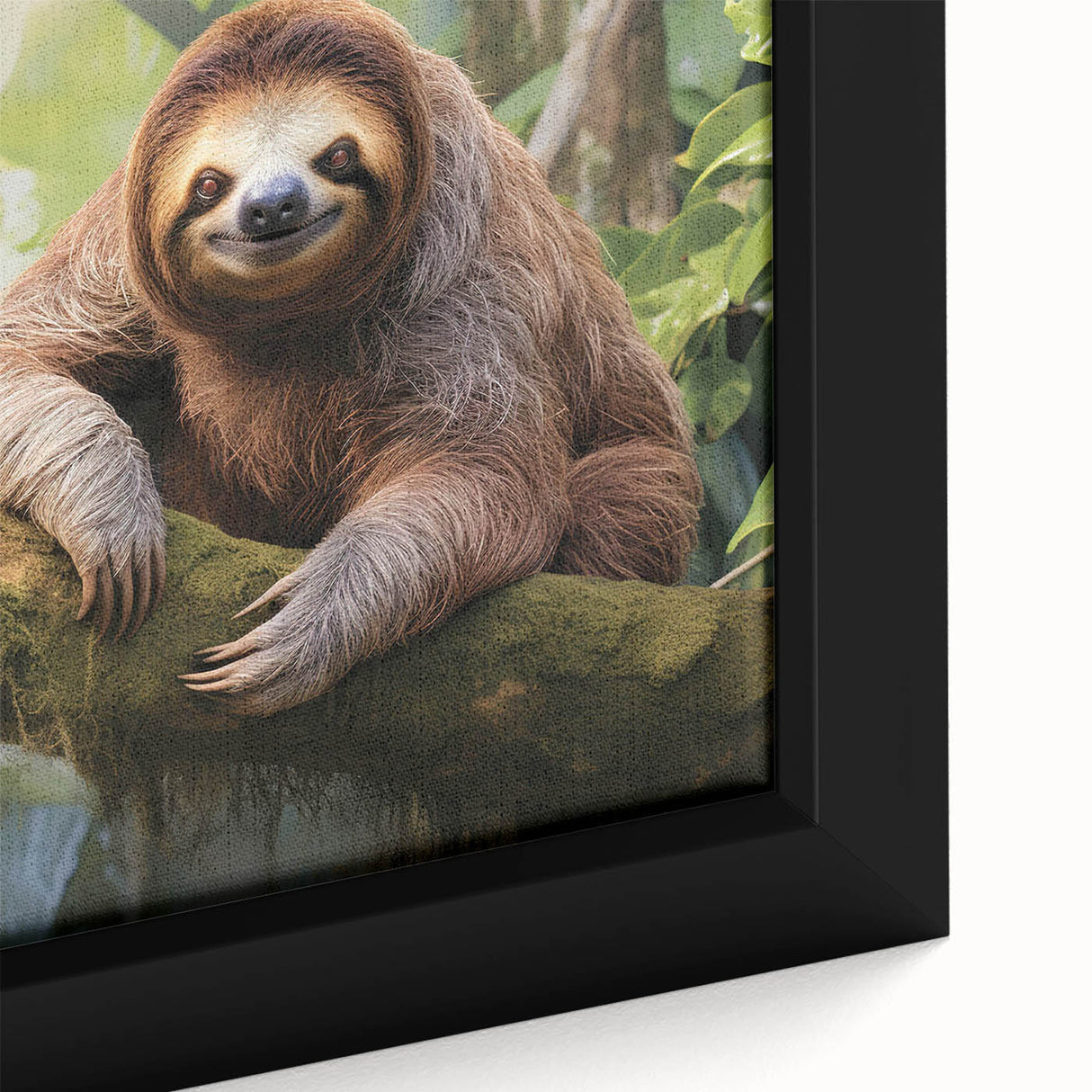 Close-up of a framed canvas wall art featuring a sloth surrounded by vibrant jungle foliage, showcasing detailed textures and colors, perfect for wildlife enthusiasts.