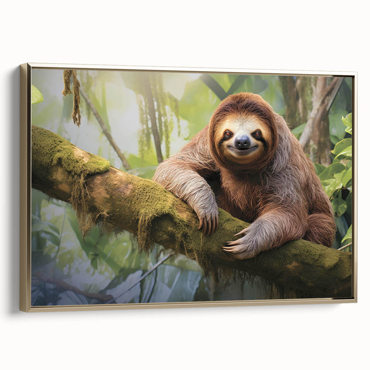 Framed wall art featuring a sloth design from the "Animals: A Wild Life" collection, showcasing vibrant colors and intricate details against a gold background. Perfect for wildlife enthusiasts and home decor lovers.