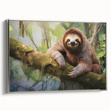 Framed wall art featuring a sloth design from the "Animals A Wild Life" collection, showcasing a silver frame and vibrant colors, perfect for animal lovers' decor.