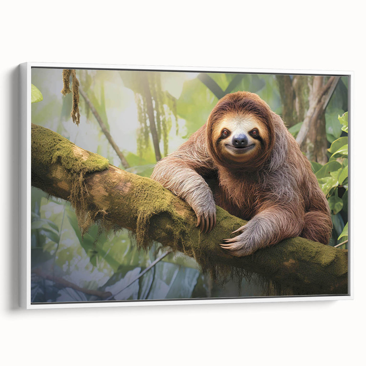 Framed wall art featuring a sloth design in a playful pose, set against a white background, ideal for adding a whimsical touch to home decor.