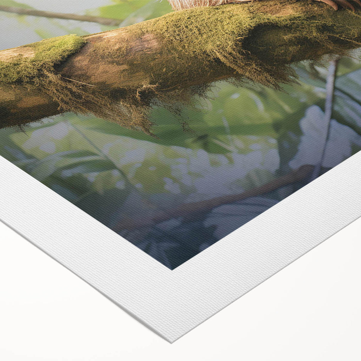 Rolled canvas wall art showcasing a vibrant sloth design amidst a lush jungle backdrop, featuring rich greens and detailed textures, perfect for animal lovers' decor.