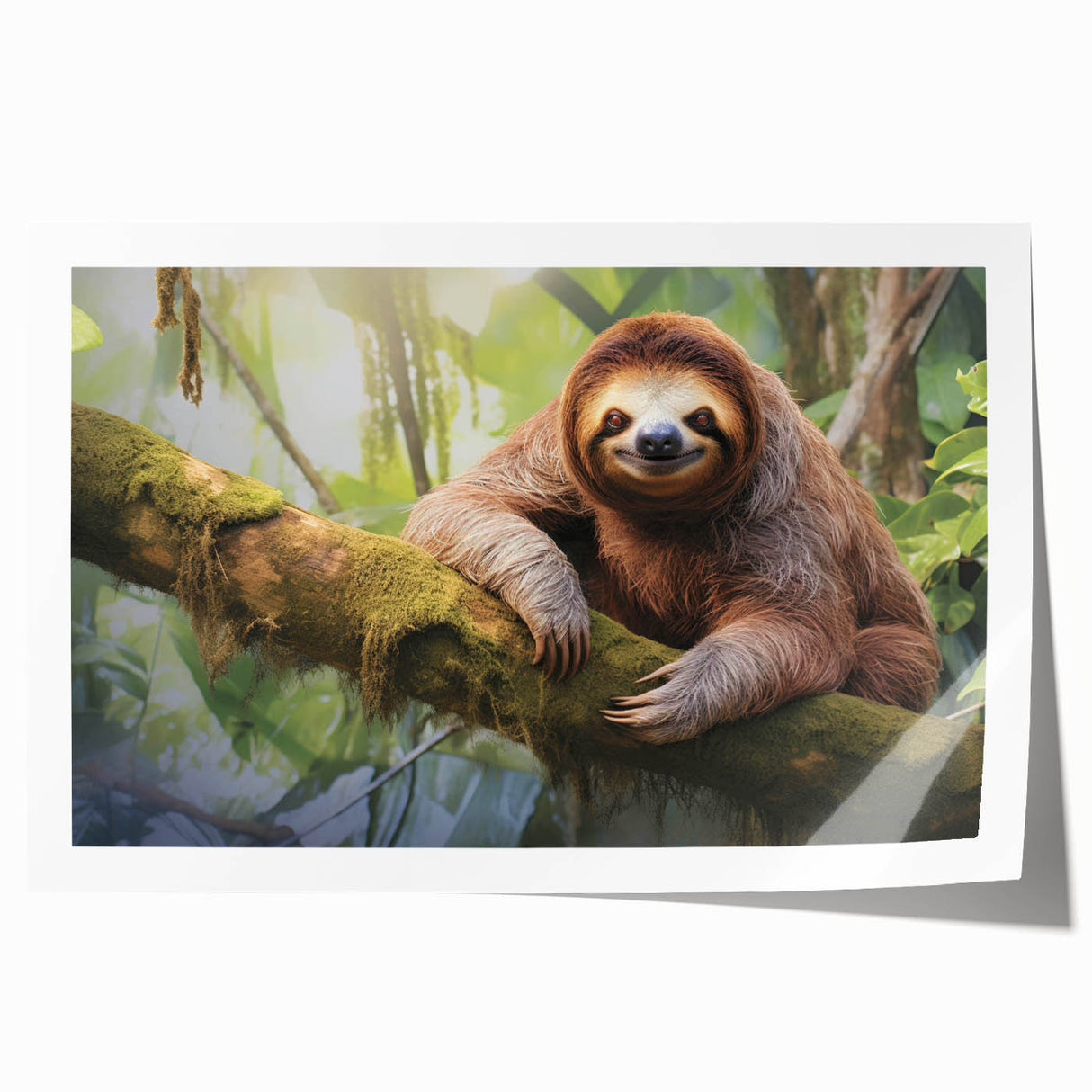Sloth-themed wall art print showcasing a colorful illustration of a sloth hanging from a tree branch, designed for wildlife enthusiasts and home decor.