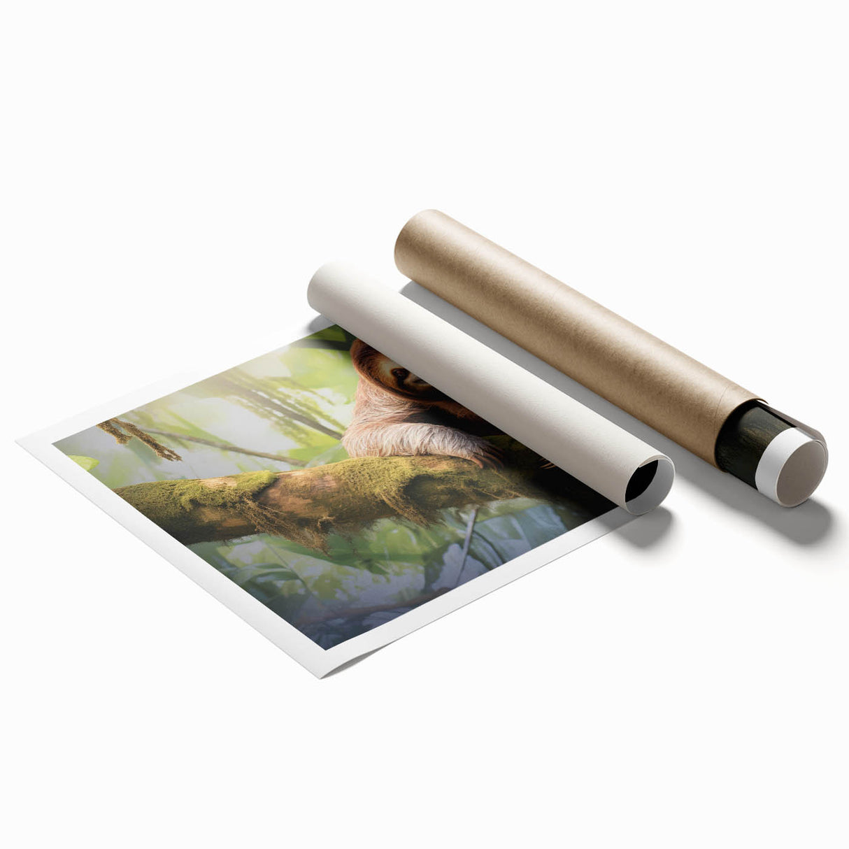 Rolled print showcasing a vibrant sloth design from the "Animals: A Wild Life" collection, featuring colorful, detailed artwork ideal for nature-themed decor.