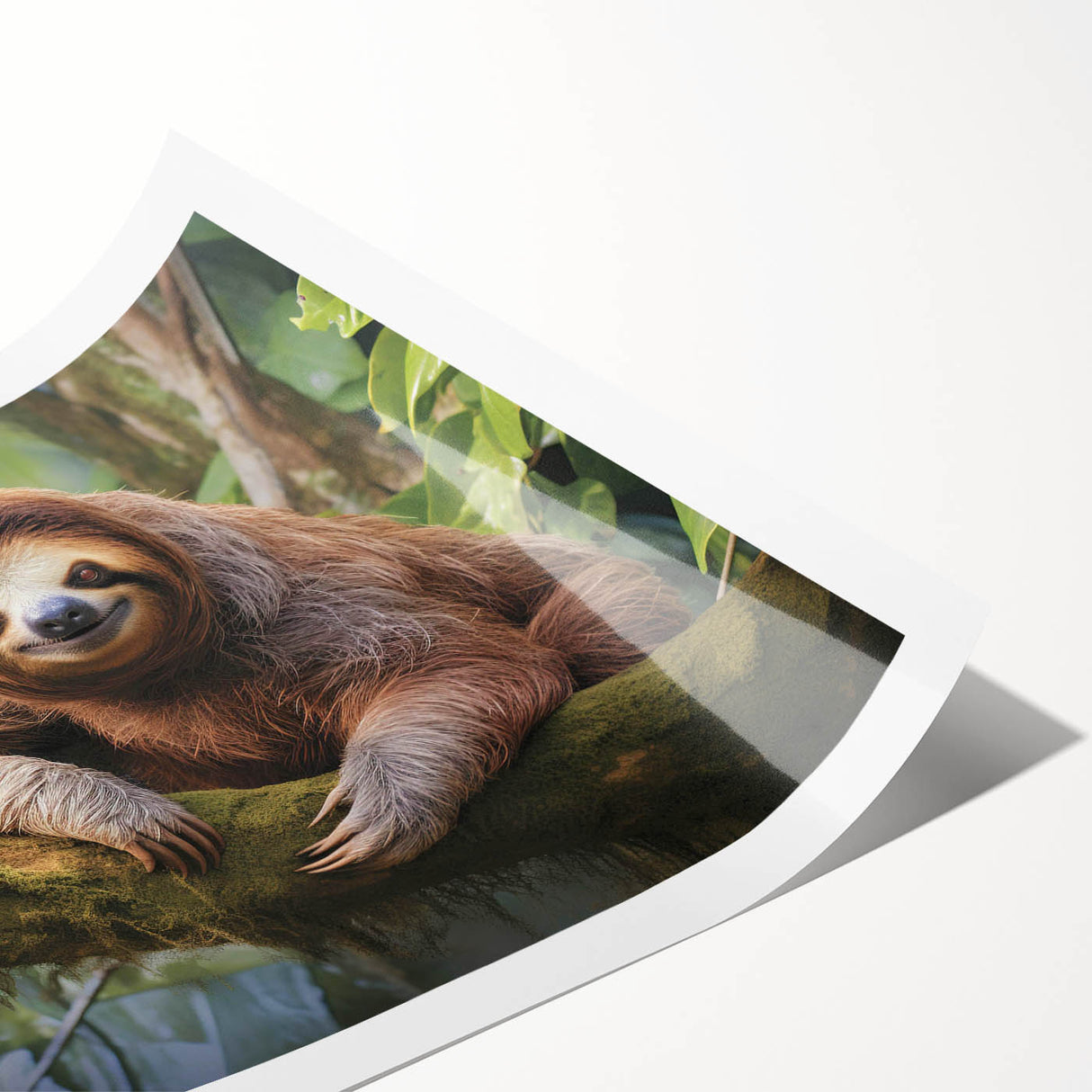 Sloth-themed wall art print featuring a vibrant, colorful design of a sloth hanging from a branch, ideal for animal lovers and home decor enthusiasts. This rolled print is perfect for adding a whimsical touch to any space, showcasing the beauty of wildlife art.