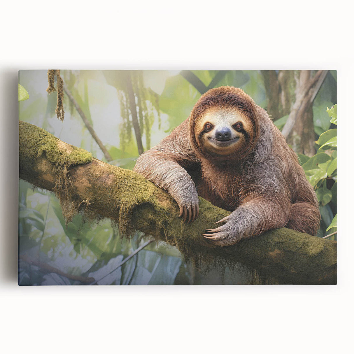 Colorful sloth wall art design on stretched canvas, showcasing vibrant greens and browns, perfect for adding a playful touch to any nature-themed decor. Ideal for animal lovers seeking unique home accents.
