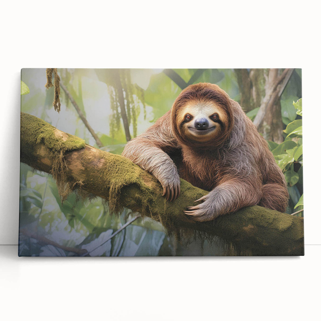 Sloth-themed wall art featuring a vibrant, detailed illustration of a sloth hanging from a branch, printed on stretched canvas for a whimsical touch in home décor.