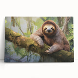 Sloth-themed wall art featuring a vibrant, detailed illustration of a sloth hanging from a branch, printed on stretched canvas for a whimsical touch in home décor.