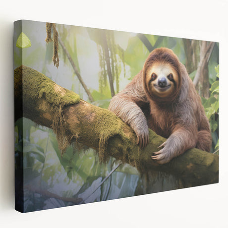 Stretched canvas wall art depicting a sloth in a vibrant jungle setting, showcasing detailed textures and colors, ideal for wildlife enthusiasts and home decor.