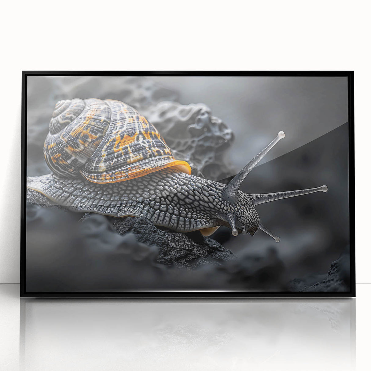 Framed wall art featuring a whimsical snail design on a vibrant green background, showcasing intricate details and a sleek black frame, perfect for animal lovers.