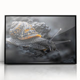 Framed wall art featuring a whimsical snail design on a vibrant green background, showcasing intricate details and a sleek black frame, perfect for animal lovers.