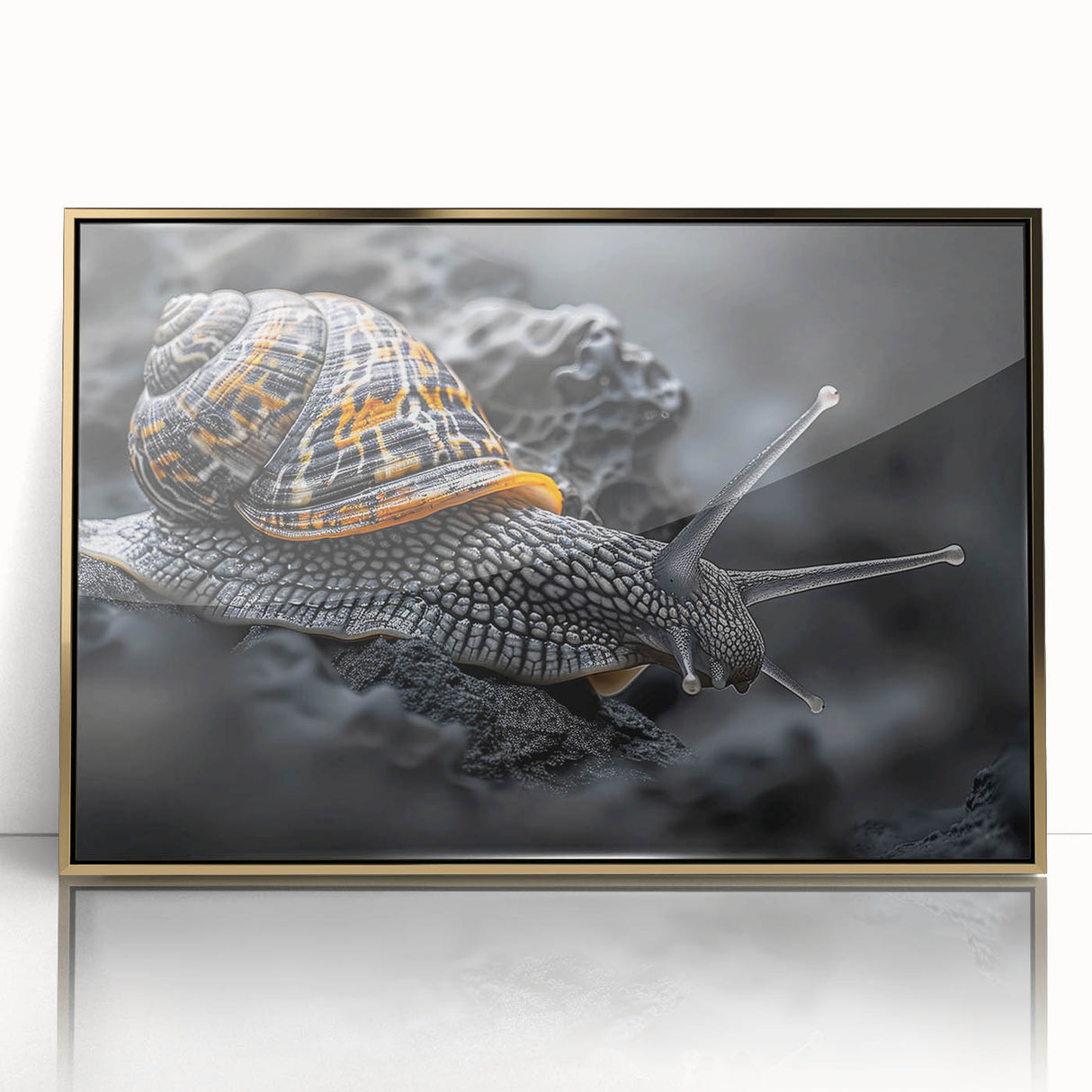 Framed acrylic wall art featuring a whimsical snail design in vibrant colors, set against a gold background, perfect for adding a playful touch to any decor.