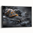 Framed canvas wall art featuring a detailed black and white snail design, showcasing intricate textures and patterns, ideal for nature-themed decor.