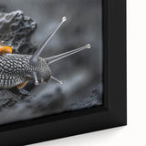 Close-up of a vibrant framed canvas featuring a colorful snail design, showcasing intricate details and textures, perfect for nature-themed home decor.