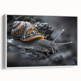 Framed canvas wall art featuring a whimsical snail design in vibrant colors, displayed from a side view against a white background, perfect for animal lovers.