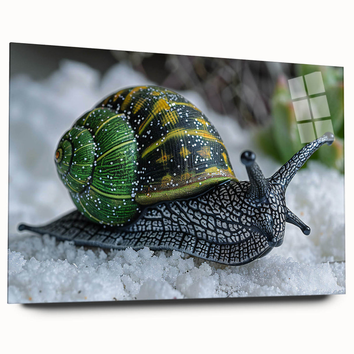 Side view of a colorful acrylic wall art piece featuring a whimsical snail design from the “Animals: A Wild Life” collection, showcasing vibrant colors and intricate details, ideal for adding a playful touch to home decor.
