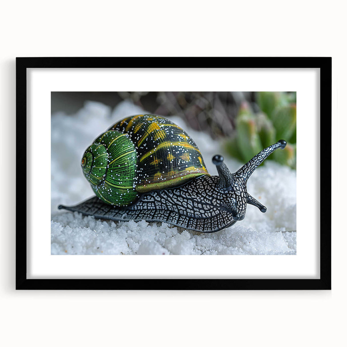 Framed wall art featuring a whimsical snail design in vibrant colors, set against a black background, perfect for adding a playful touch to any decor.