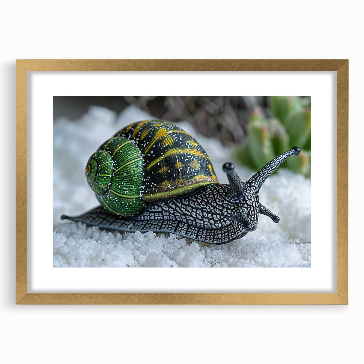 Elegant wall art featuring a colorful snail design framed in gold with a mat, showcasing intricate details and vibrant colors, perfect for enhancing home decor.
