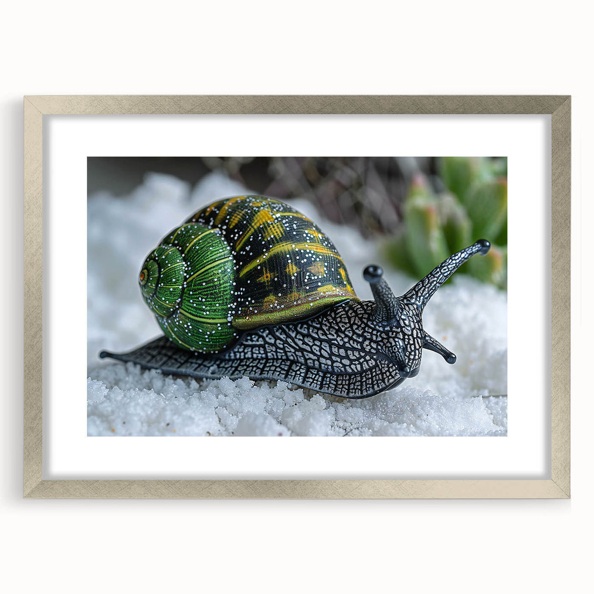 Framed wall art featuring a whimsical snail design in a silver frame with a mat, ideal for adding a nature-inspired touch to home decor. Perfect for animal lovers and art enthusiasts.