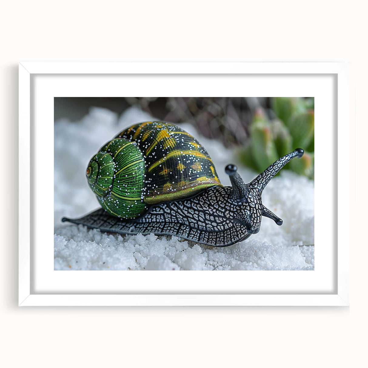 Framed wall art featuring a colorful snail design from the 'Animals a Wild Life' collection, set against a white mat, ideal for nature-themed decor.