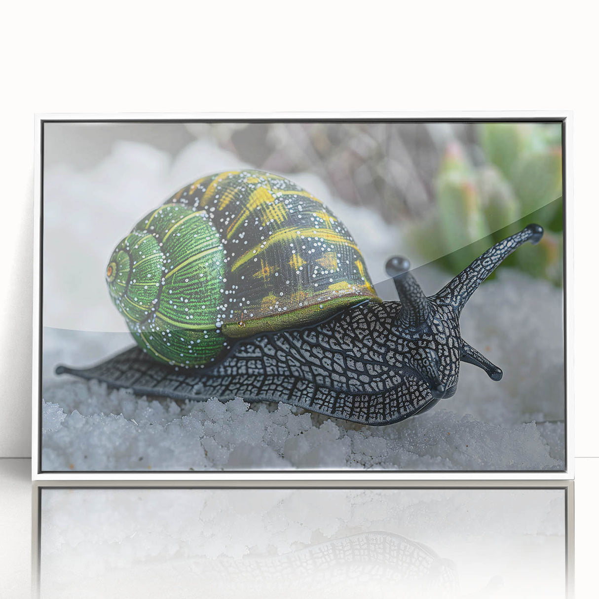 Framed wall art featuring a whimsical snail design, showcasing vibrant colors on acrylic with a sleek white frame, perfect for children's rooms or nature-themed decor.