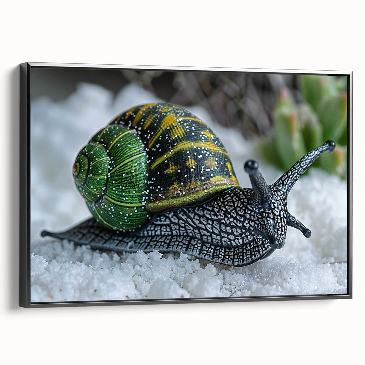 Framed canvas wall art featuring a detailed snail design in black, showcasing intricate patterns and textures, perfect for nature-inspired decor.