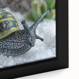 Close-up of a beautifully framed canvas featuring a vibrant snail design, showcasing intricate details and textures in bright colors, perfect for animal-themed decor.