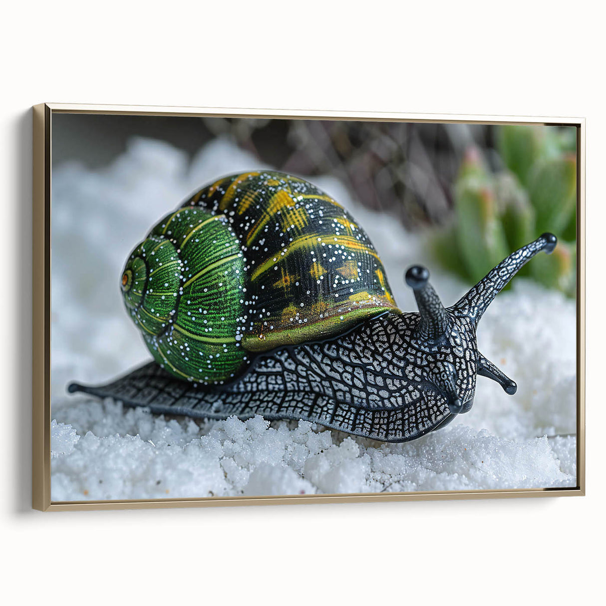 Framed wall art featuring a whimsical snail design in gold tones, showcasing intricate details and textures against a neutral background, perfect for nature-themed decor.