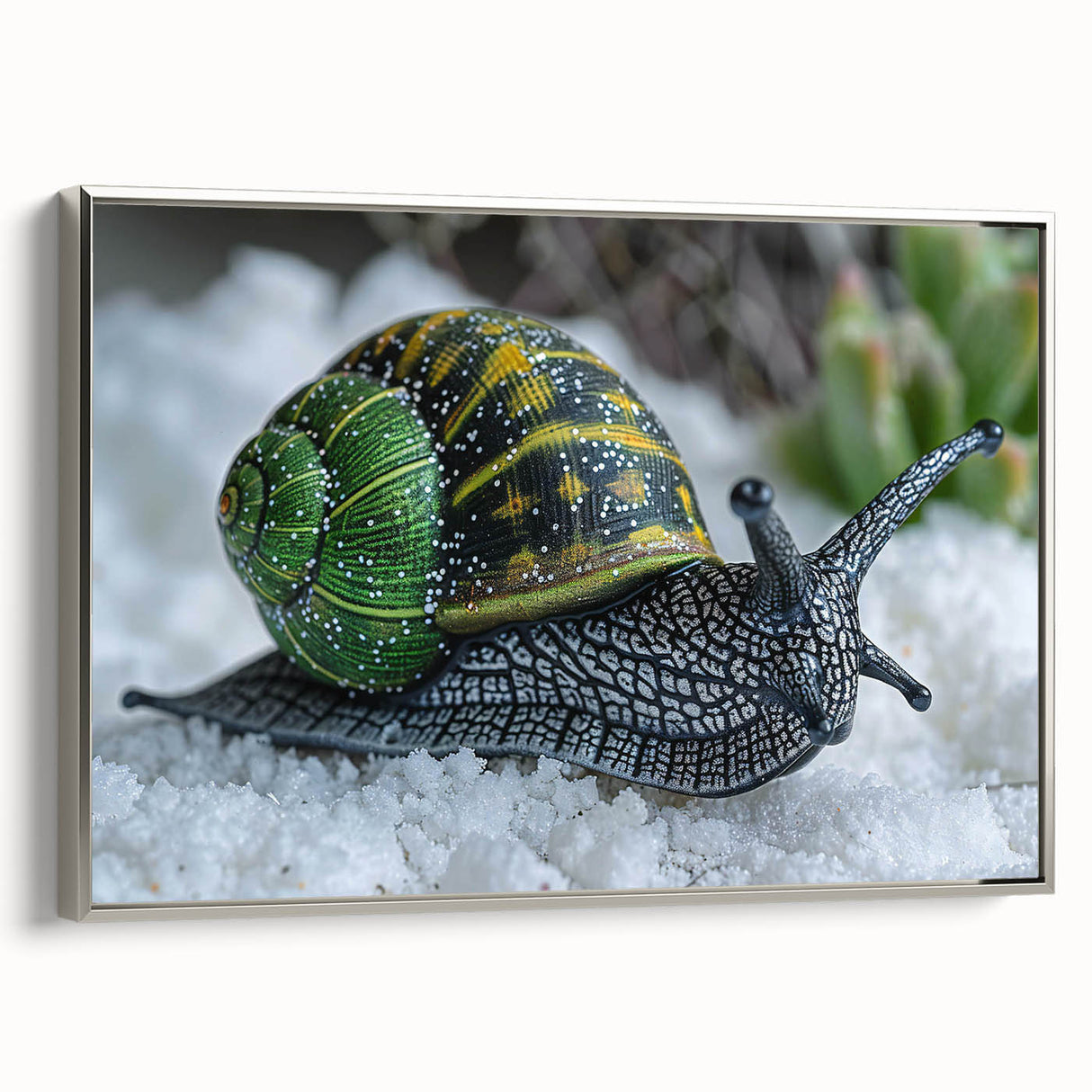 Framed wall art featuring a detailed design of a snail, showcasing vibrant colors and intricate patterns on a textured canvas, ideal for nature-themed decor.