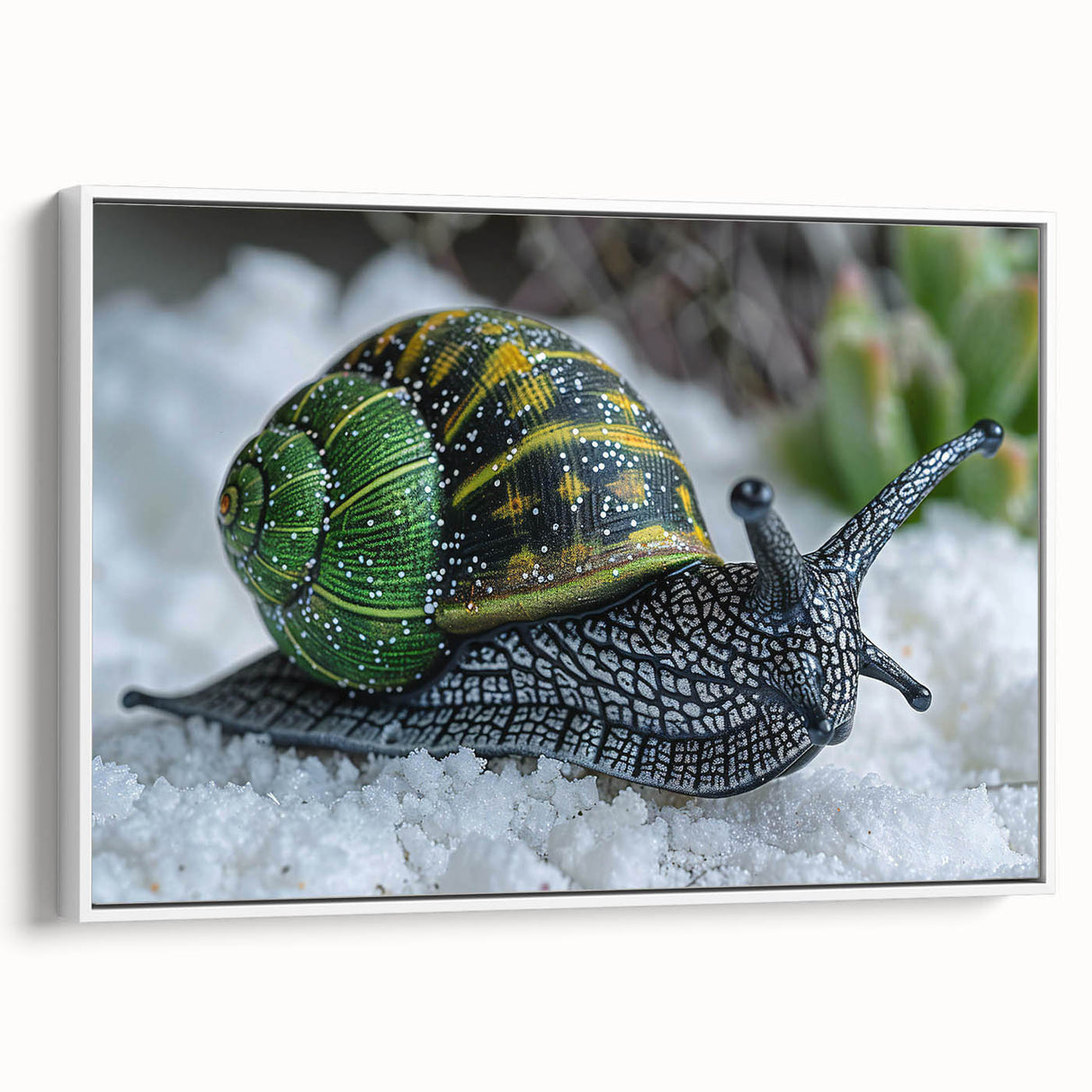 Framed canvas wall art showcasing a whimsical snail design in vibrant colors, ideal for children's rooms or nature-themed decor, displayed against a white background.