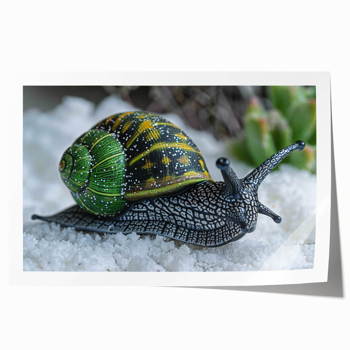 Colorful snail wall art print showcasing intricate details and vibrant patterns, rolled and ready for display in any home or office setting, enhancing decor with a nature-inspired touch.