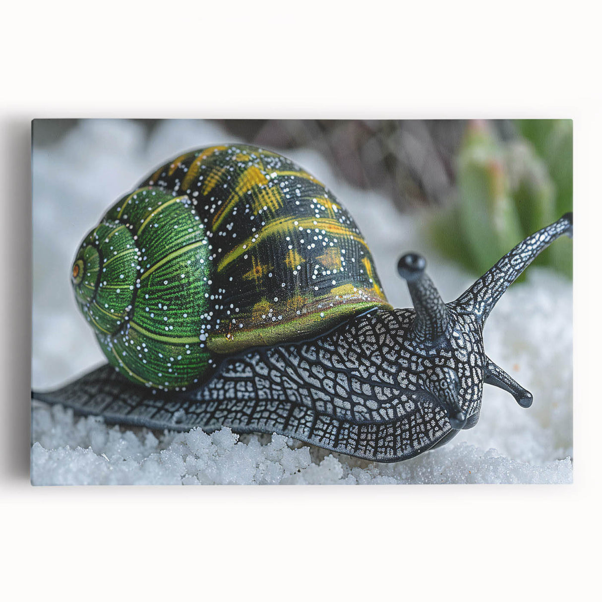 Stretched canvas wall art featuring a colorful snail design, showcasing intricate details and vibrant hues, perfect for adding a whimsical touch to home decor.