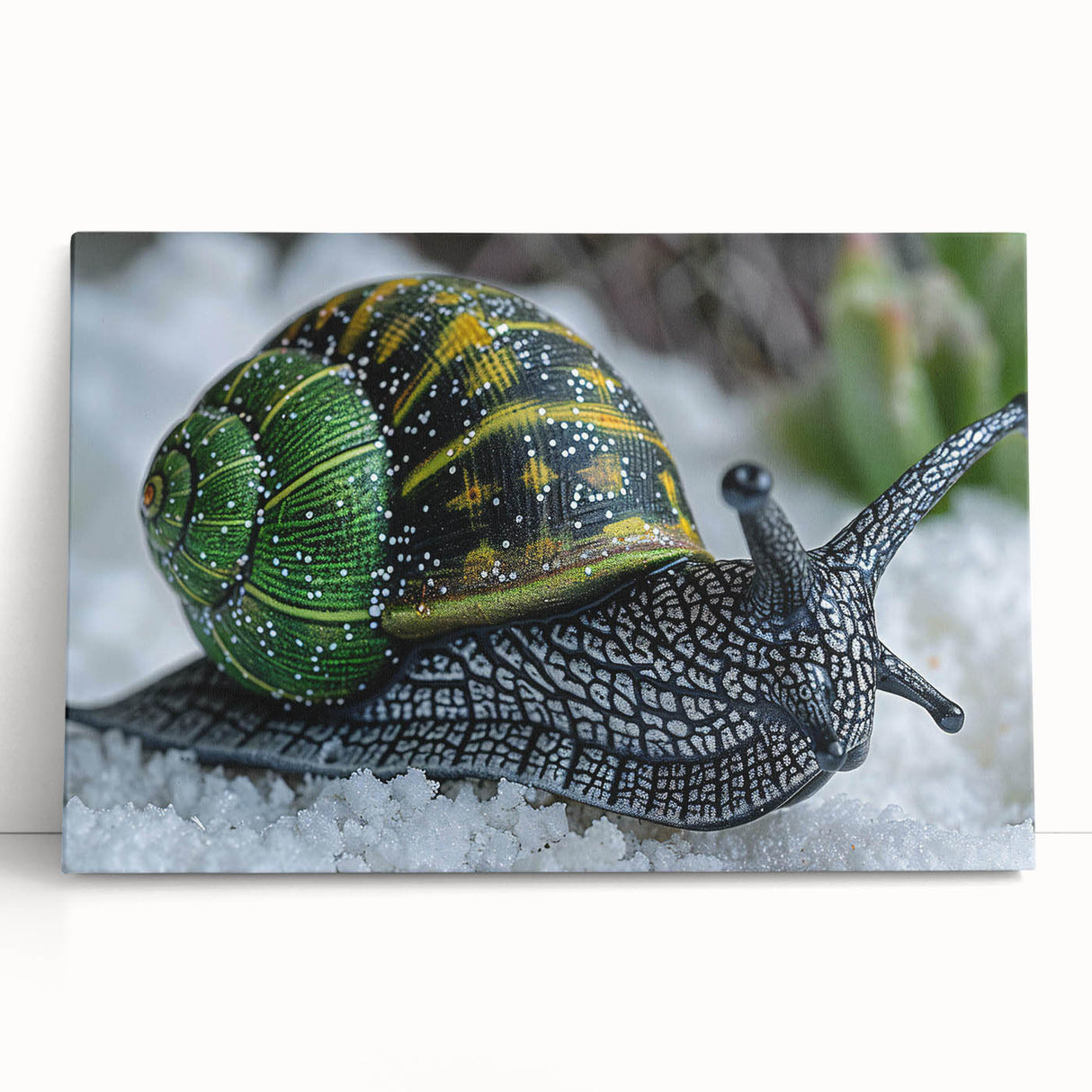 Colorful stretched canvas artwork showcasing a whimsical snail design, perfect for nature lovers, featuring vibrant hues and playful details, ideal for home decor.