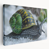 Stretched canvas wall art featuring a vibrant snail design with intricate details, showcasing colorful patterns and textures, ideal for nature-themed decor.