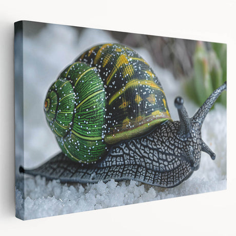 Stretched canvas wall art featuring a vibrant snail design with intricate details, showcasing colorful patterns and textures, ideal for nature-themed decor.