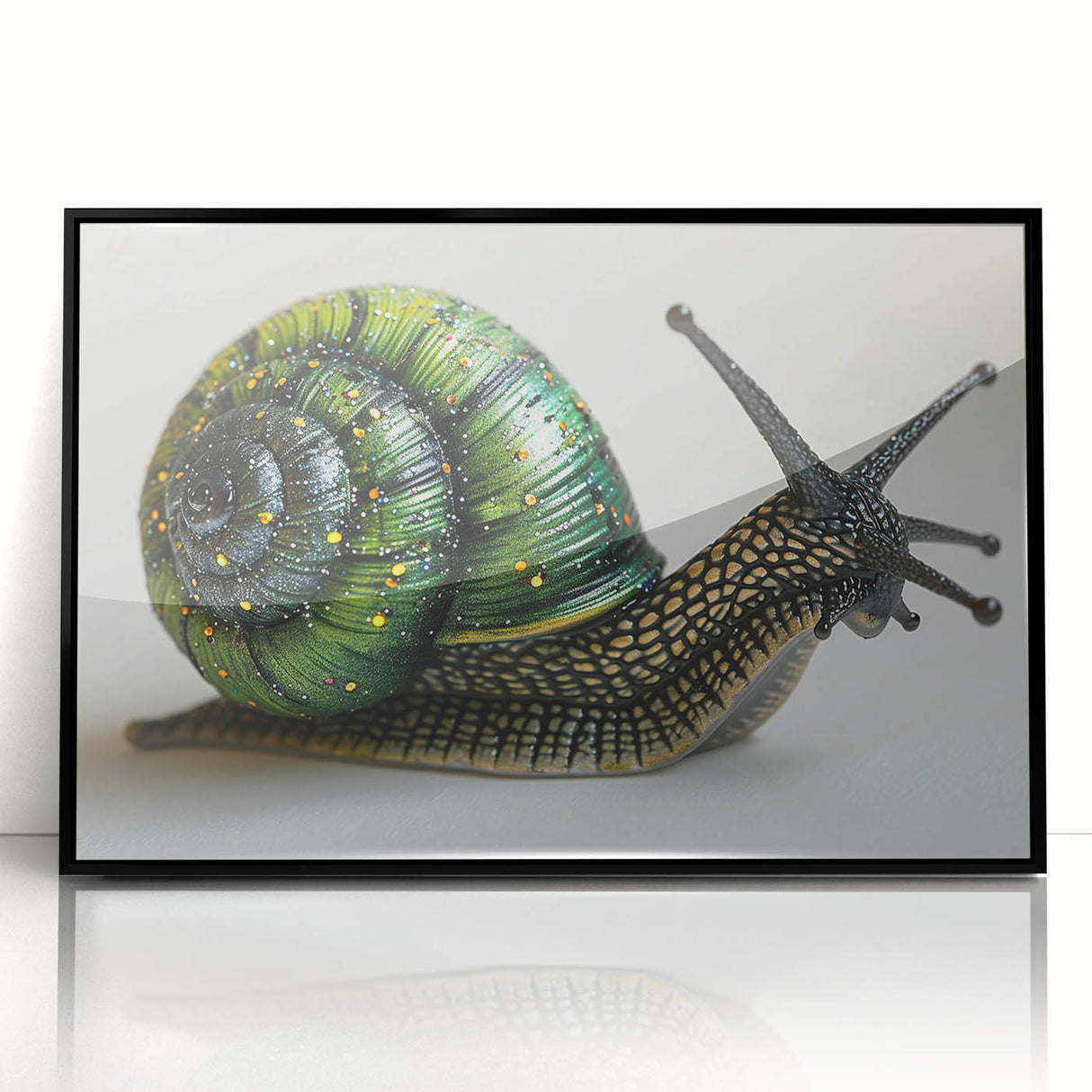 Framed wall art featuring a vibrant snail design in a contemporary black frame, showcasing intricate patterns and colors, perfect for nature lovers' decor.