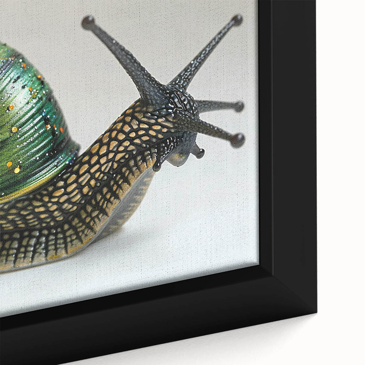Close-up of a vibrant framed canvas wall art depicting a whimsical snail design, showcasing intricate details and bright colors, perfect for home decor.