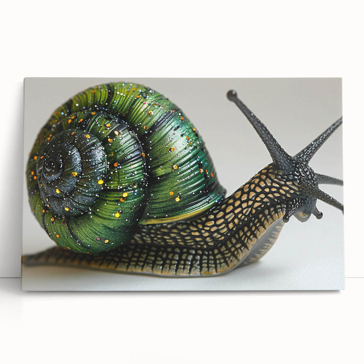 Colorful stretched canvas featuring a whimsical snail design from the Wild Life collection, leaning against a textured wall, ideal for nature-themed home decor.