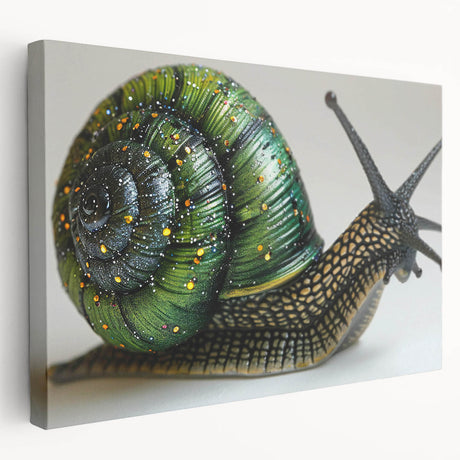 Side view of a stretched canvas wall art design featuring a colorful snail illustration, showcasing vibrant hues of blue, green, and orange, perfect for nature lovers' decor.