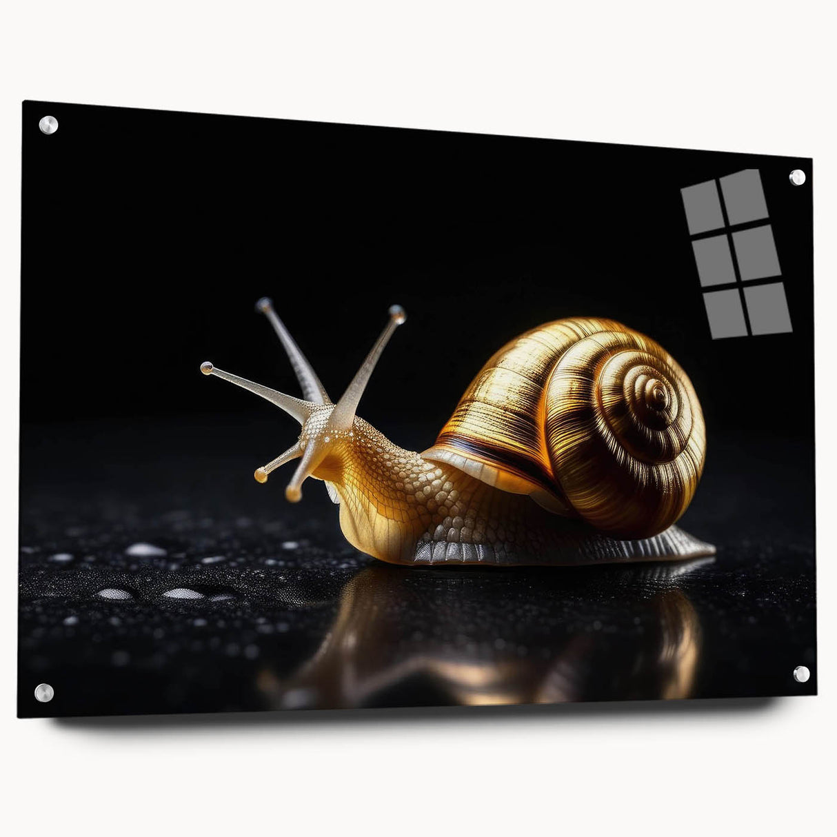 Colorful acrylic glass wall art featuring a whimsical snail design from the "Animals: A Wild Life" collection, displayed in a contemporary side view with pins for mounting.