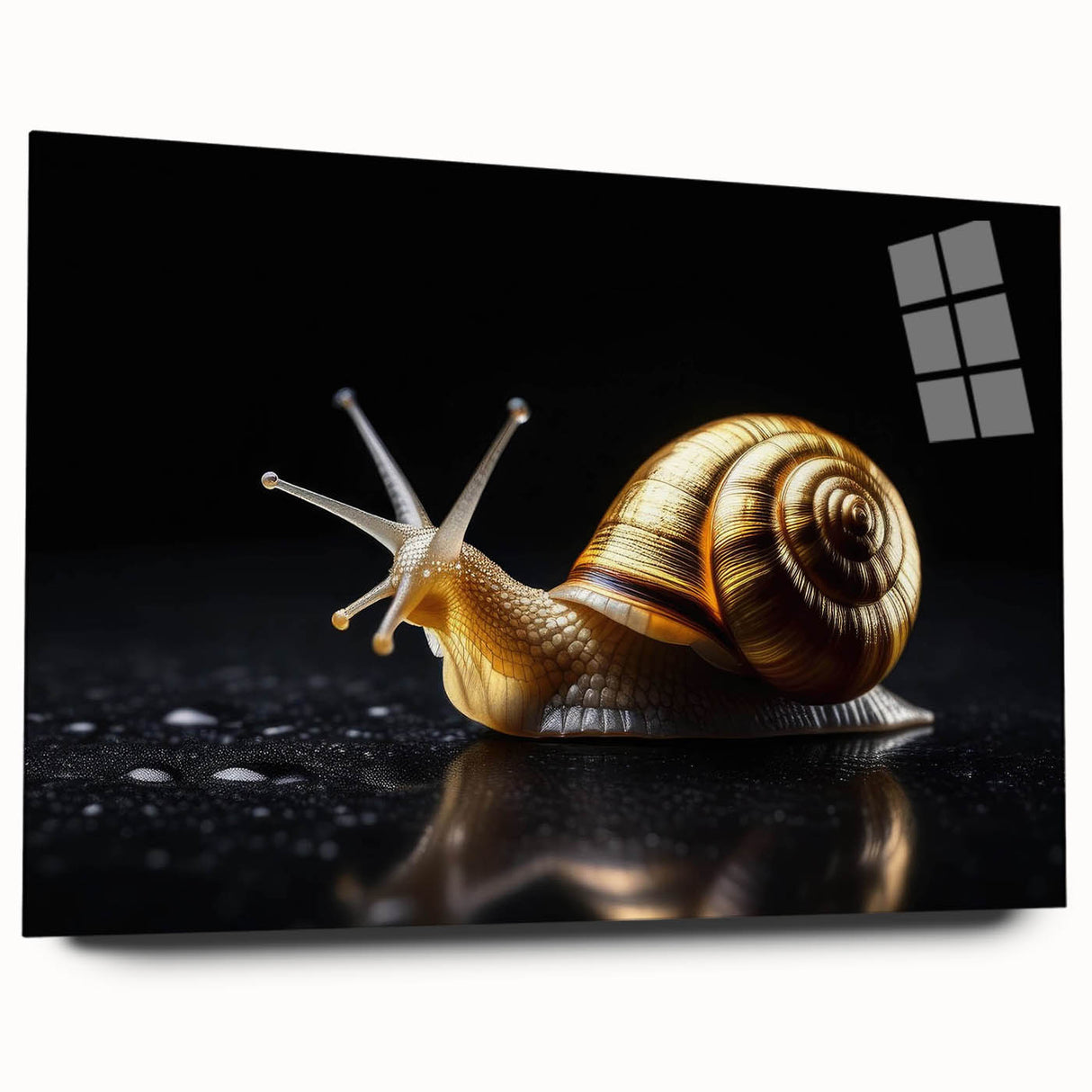 Acrylic glass wall art featuring a vibrant snail design in a side view, showcasing intricate details and vivid colors, perfect for nature lovers and home decor enthusiasts. This unique piece adds a touch of whimsy and sophistication to any space, ideal for enhancing interior aesthetics.