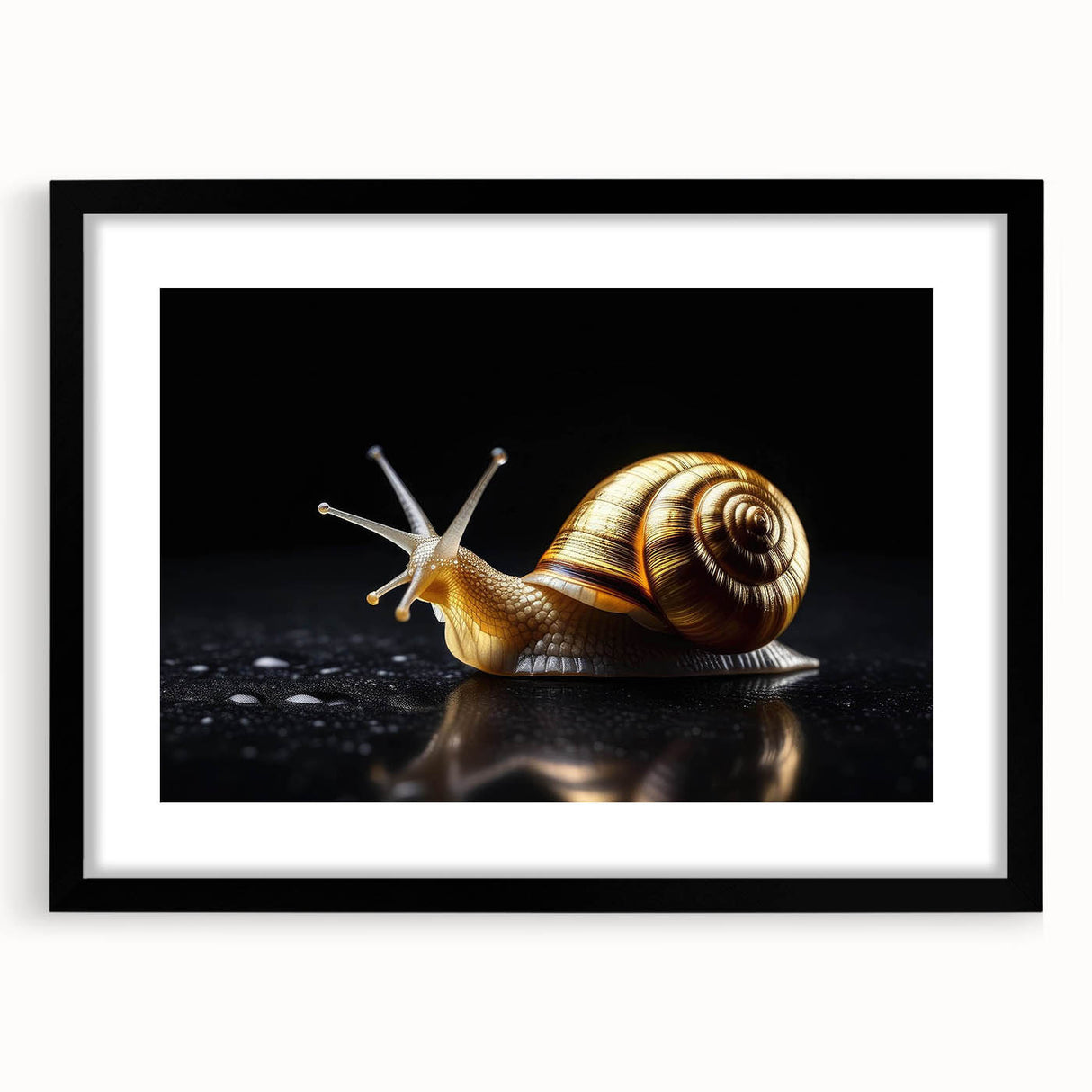 Black-framed wall art featuring a whimsical snail design, part of the 'Animals a Wild Life' collection, set against a white mat background, perfect for children's decor.