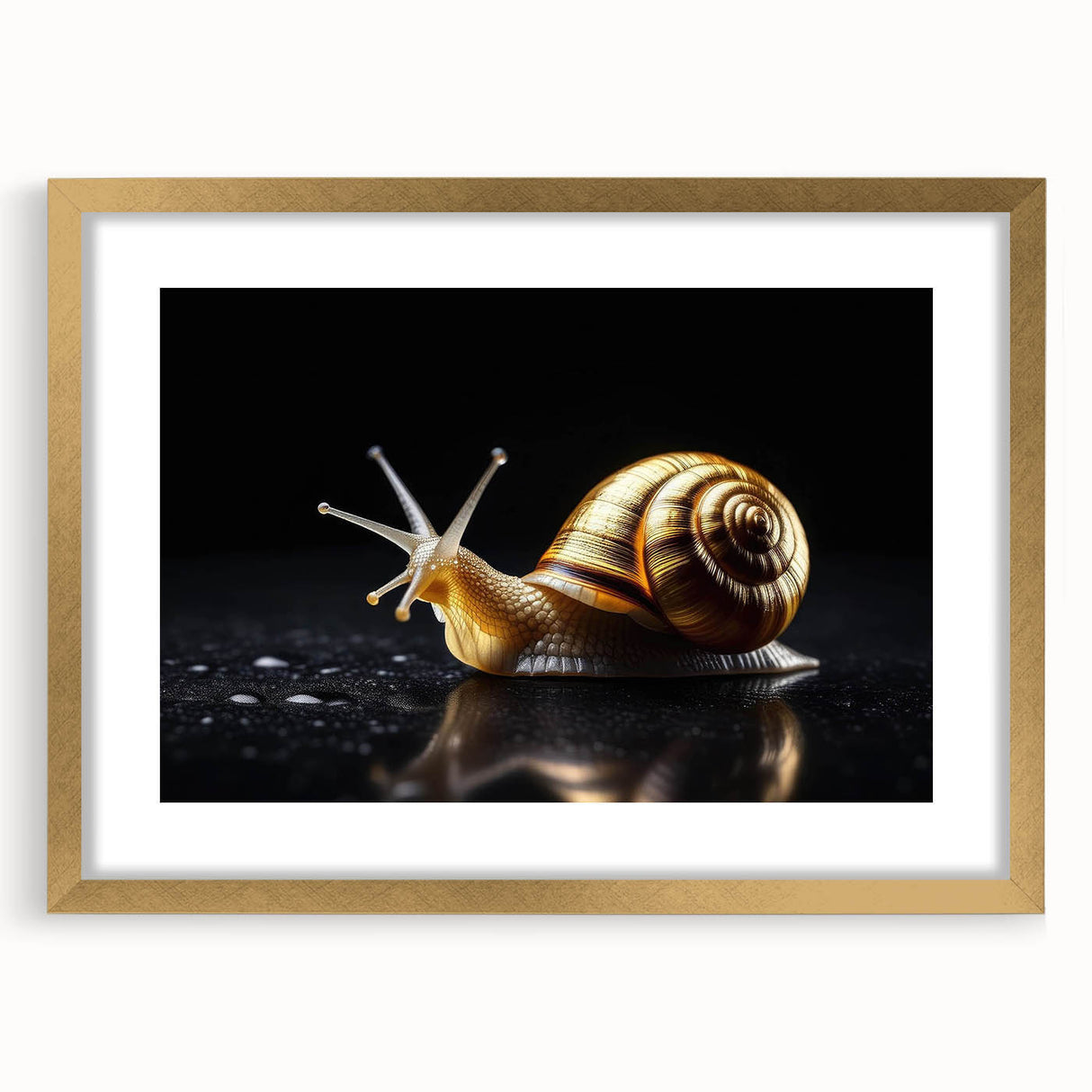 Framed wall art featuring a whimsical snail design in vibrant colors, set against a gold mat, perfect for enhancing any nature-themed decor. Ideal for animal lovers and art enthusiasts.
