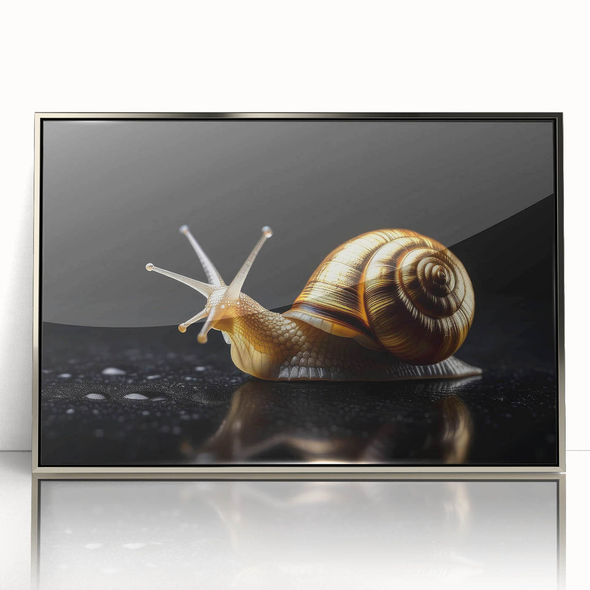 Framed wall art featuring a whimsical snail design with vibrant colors and a silver acrylic frame, ideal for adding a playful touch to home decor.