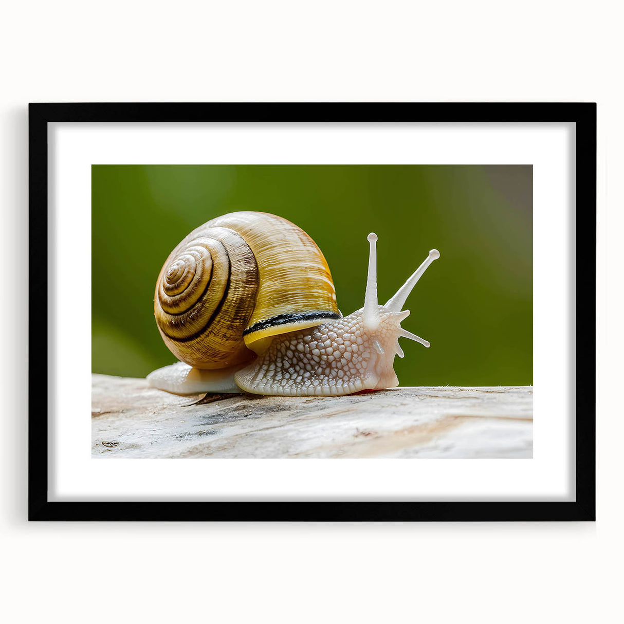 Framed wall art collection featuring a unique snail design, set against a black mat, perfect for nature lovers and modern decor enthusiasts.