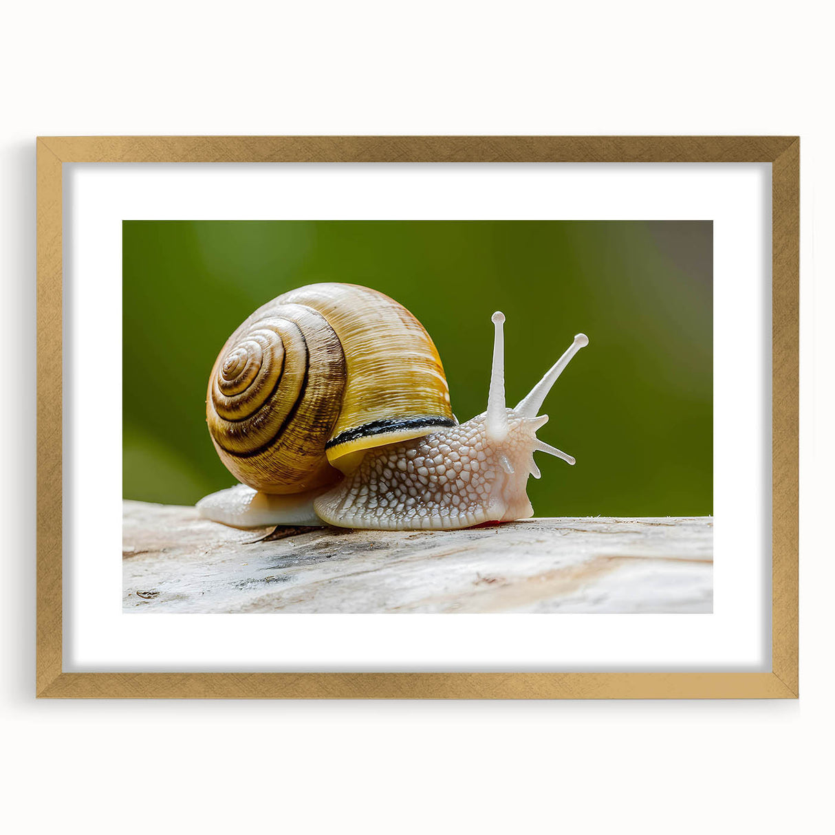Golden-framed wall art collection featuring a whimsical snail design, elegantly matted for display, perfect for nature-themed decor in living spaces. Ideal for enhancing home aesthetics while celebrating wildlife artistry.