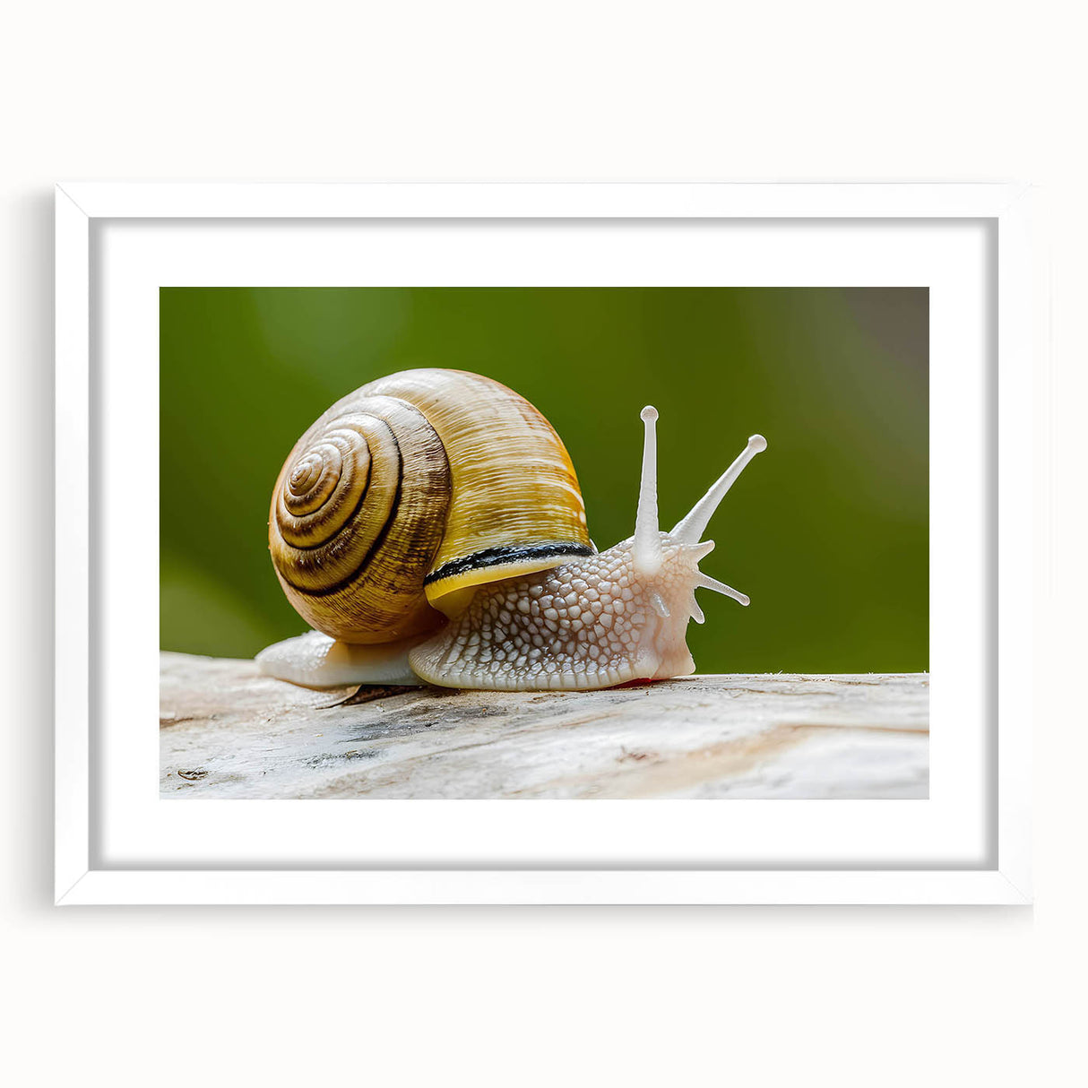 Framed wall art featuring a whimsical snail design set against a white mat, perfect for nature-themed decor. Ideal for animal lovers and modern interiors.