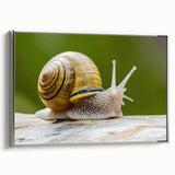 Framed canvas wall art showcasing a detailed silver snail design, set against a textured background, ideal for nature-themed decor.