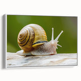 Framed wall art featuring a whimsical snail design on a textured canvas, displayed against a white background, ideal for nature-themed decor and children's rooms.